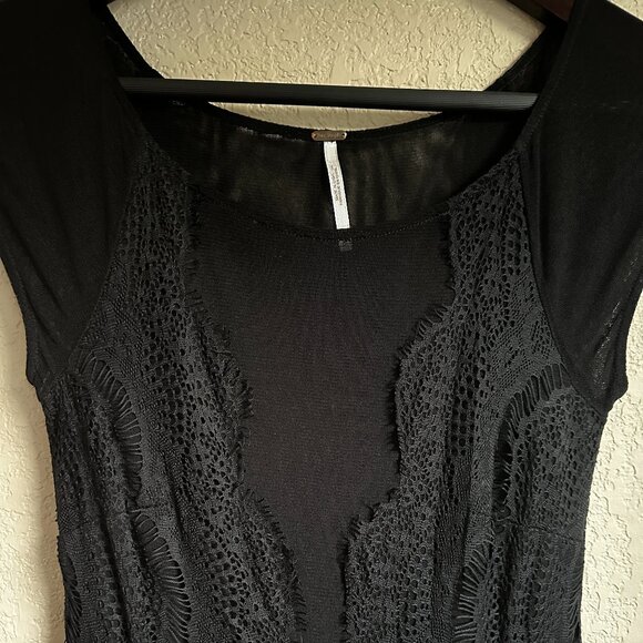 Free People Handkerchief Hem Lace Overlay Sheer Black Dress - Picture 4 of 11